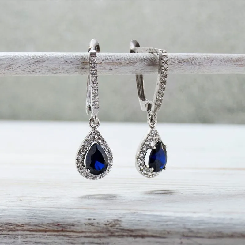 14K White Gold Teardrop Blue Cubic Zirconia 5X7mm Dangle Earrings