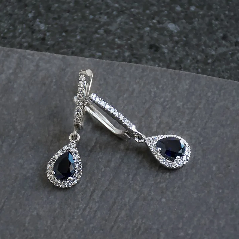 14K White Gold Teardrop Blue Cubic Zirconia 5X7mm Dangle Earrings