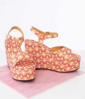 1970s Orange & Yellow Scallop Print Platform Wedges