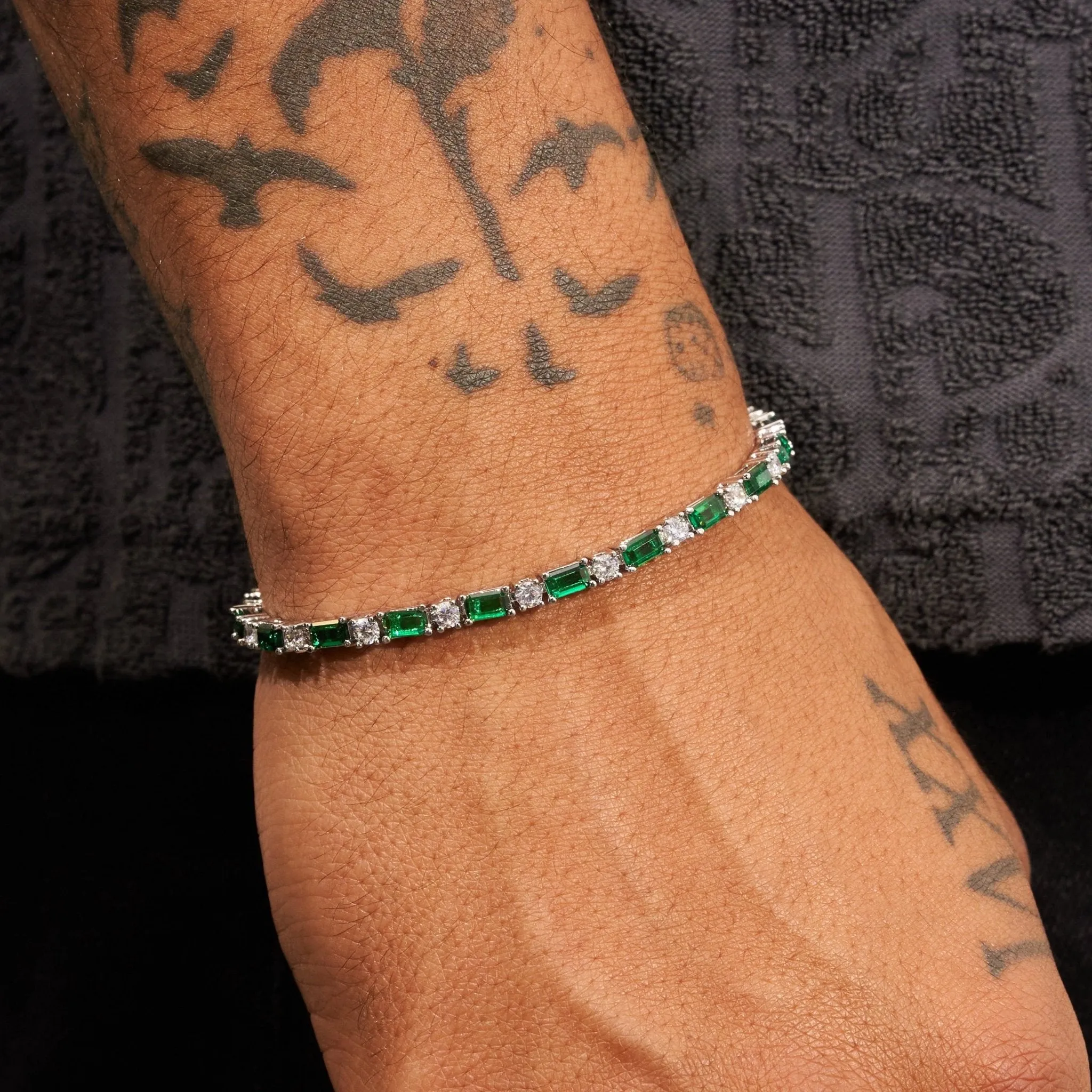 3mm Green & White Tennis Bracelet - White Gold