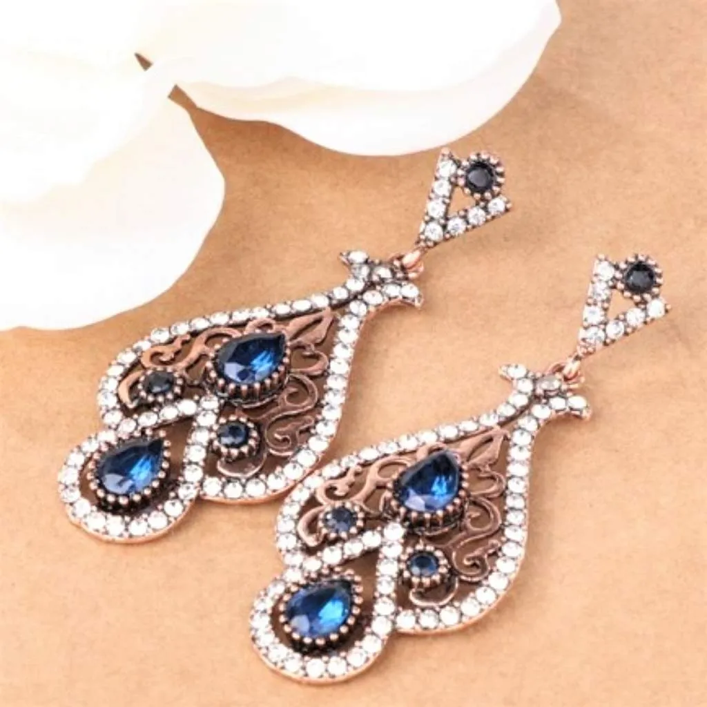 Antique Gold Blue Fancy Drop Earrings