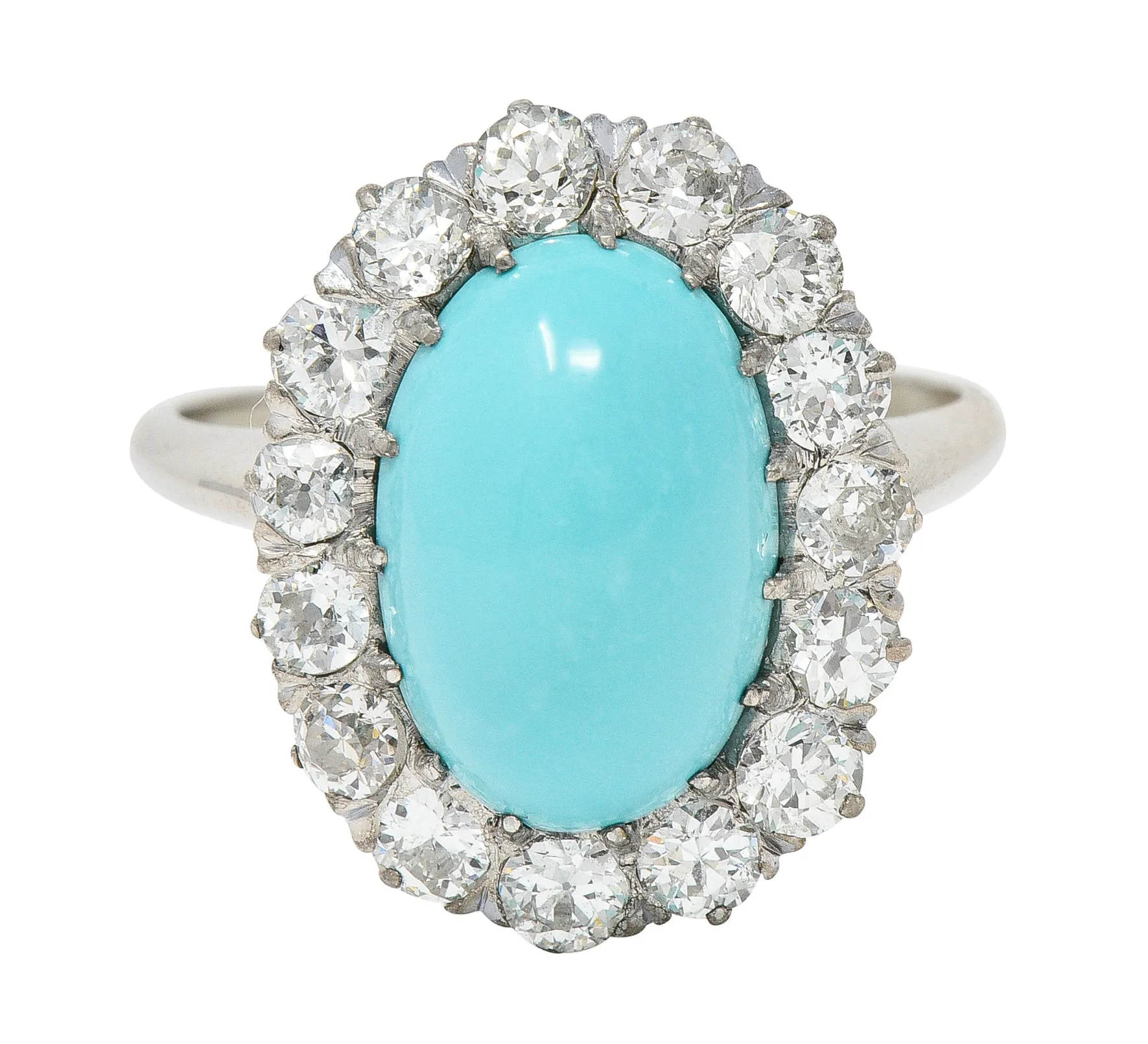 Art Deco 1.20 CTW Turquoise Cabochon Old European Cut Diamond 14 Karat White Gold Halo Ring