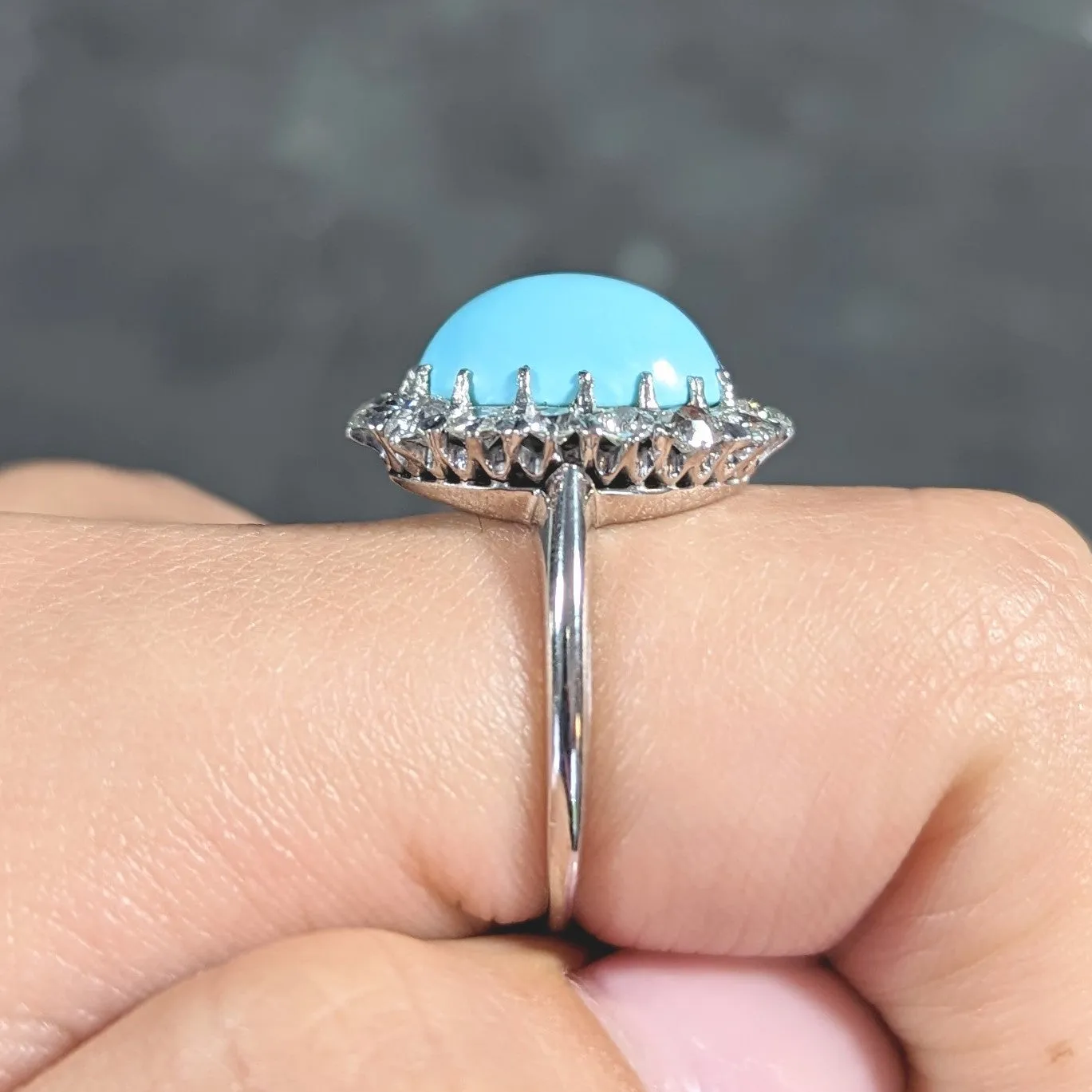 Art Deco 1.20 CTW Turquoise Cabochon Old European Cut Diamond 14 Karat White Gold Halo Ring