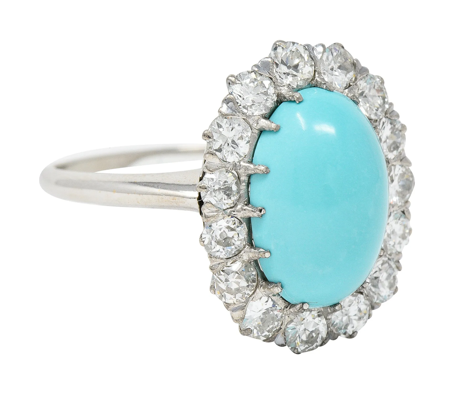 Art Deco 1.20 CTW Turquoise Cabochon Old European Cut Diamond 14 Karat White Gold Halo Ring