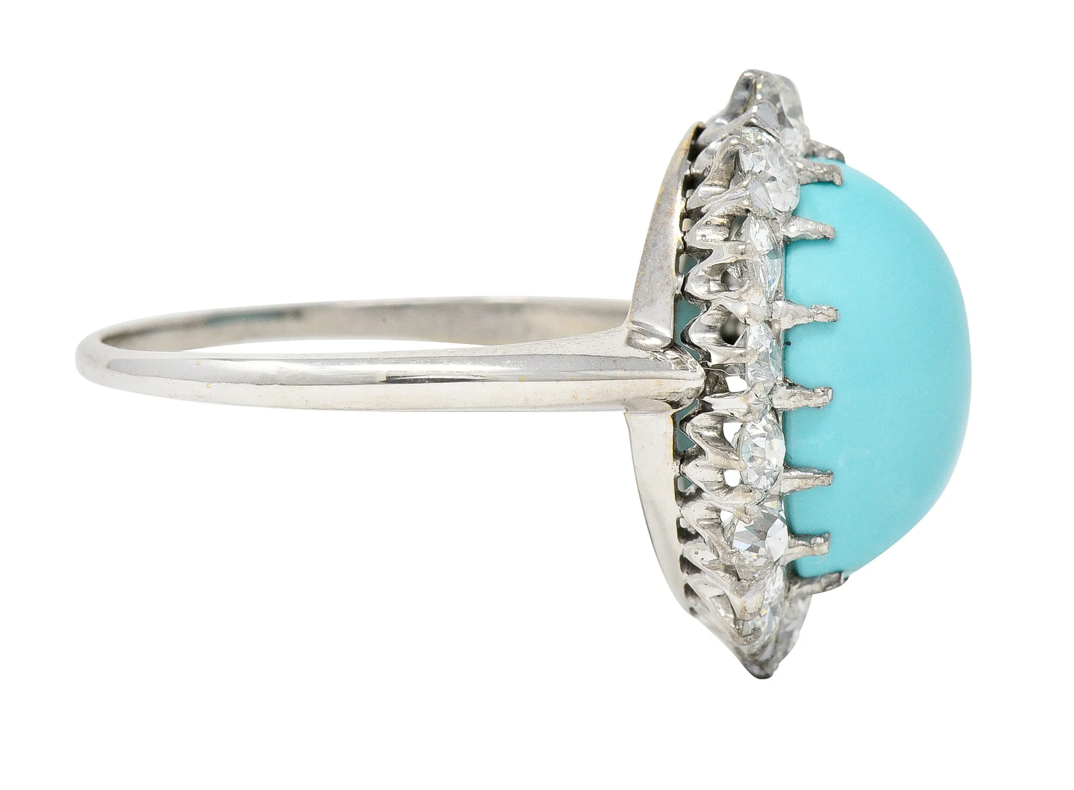 Art Deco 1.20 CTW Turquoise Cabochon Old European Cut Diamond 14 Karat White Gold Halo Ring