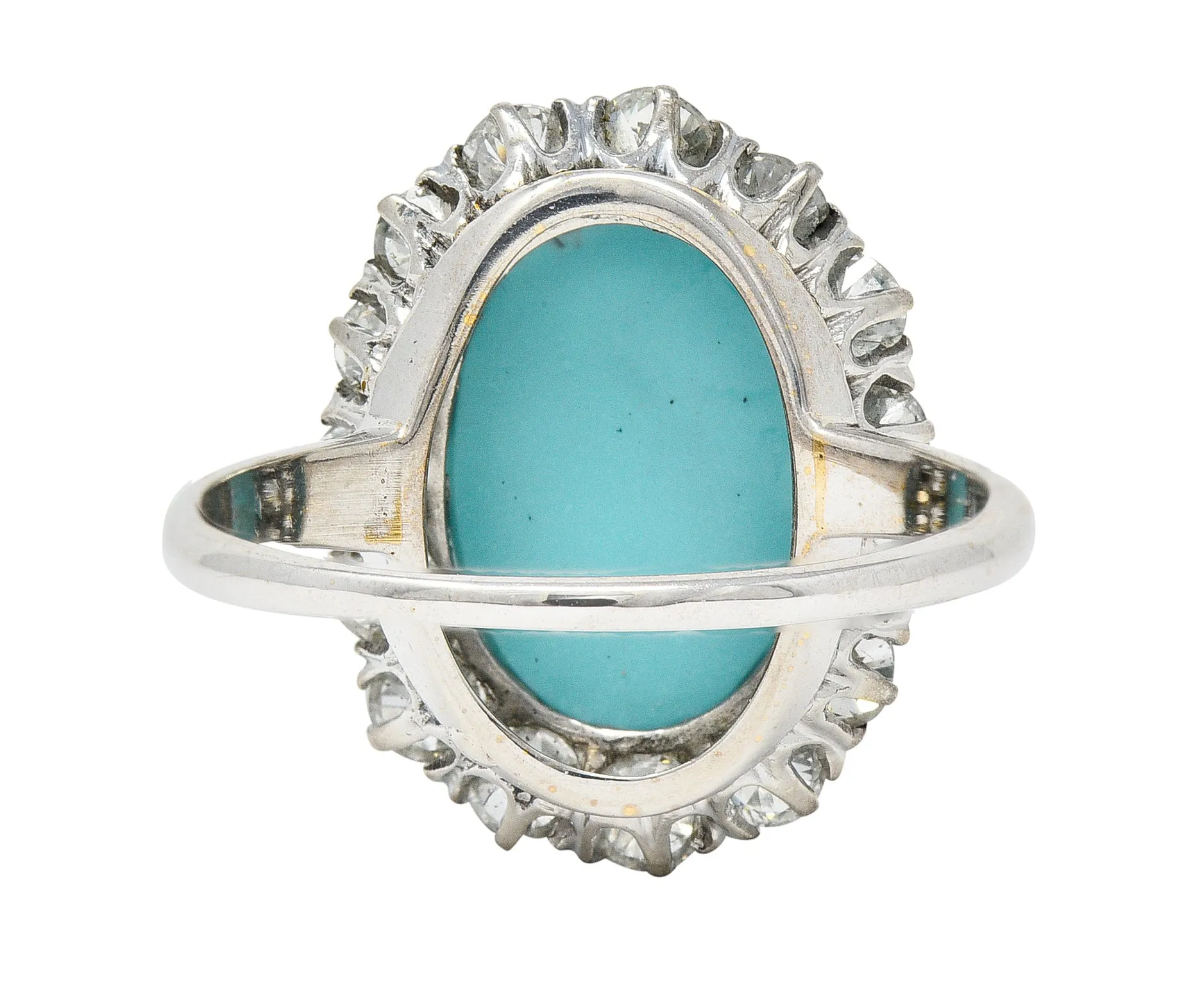 Art Deco 1.20 CTW Turquoise Cabochon Old European Cut Diamond 14 Karat White Gold Halo Ring