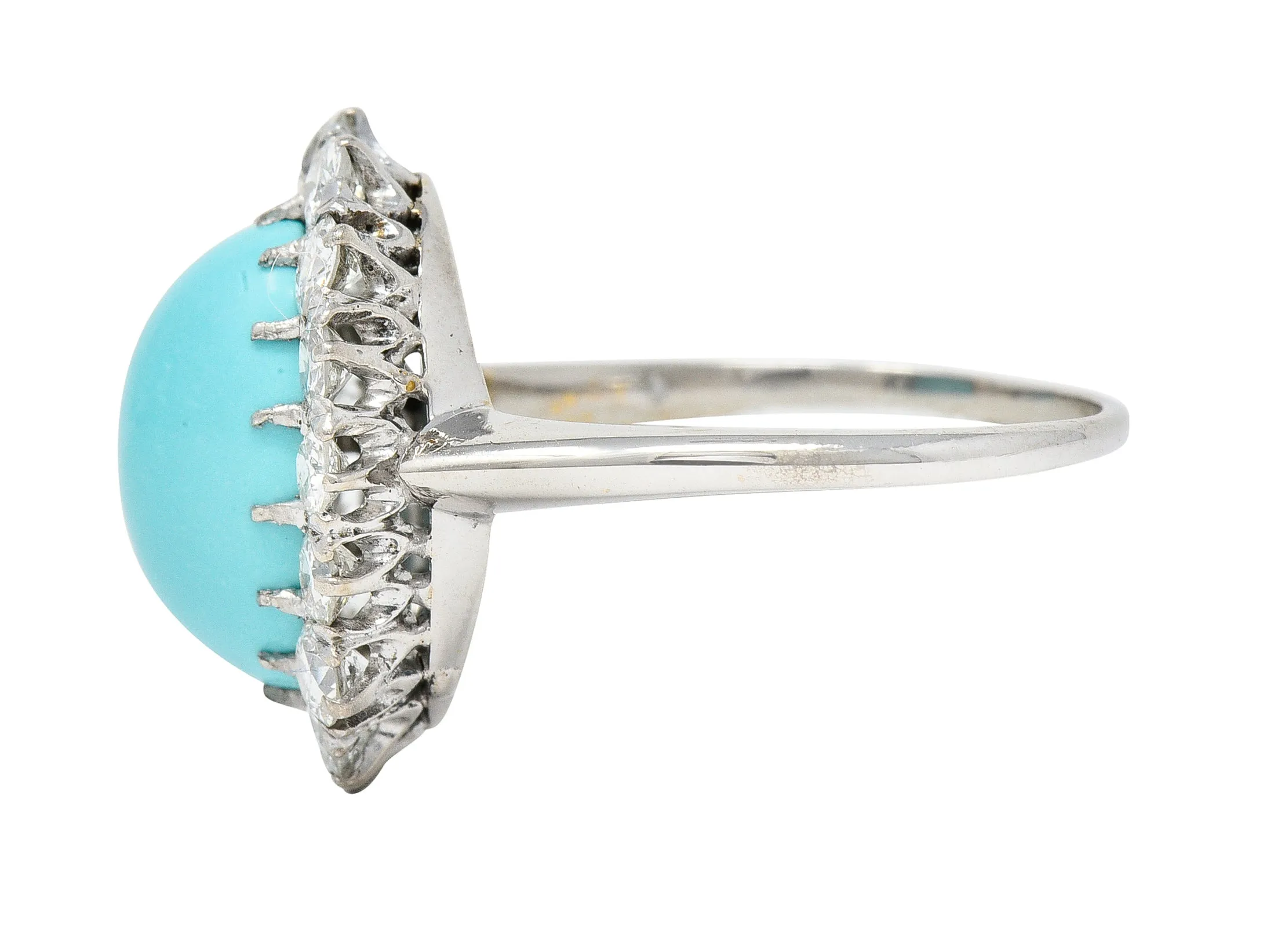 Art Deco 1.20 CTW Turquoise Cabochon Old European Cut Diamond 14 Karat White Gold Halo Ring