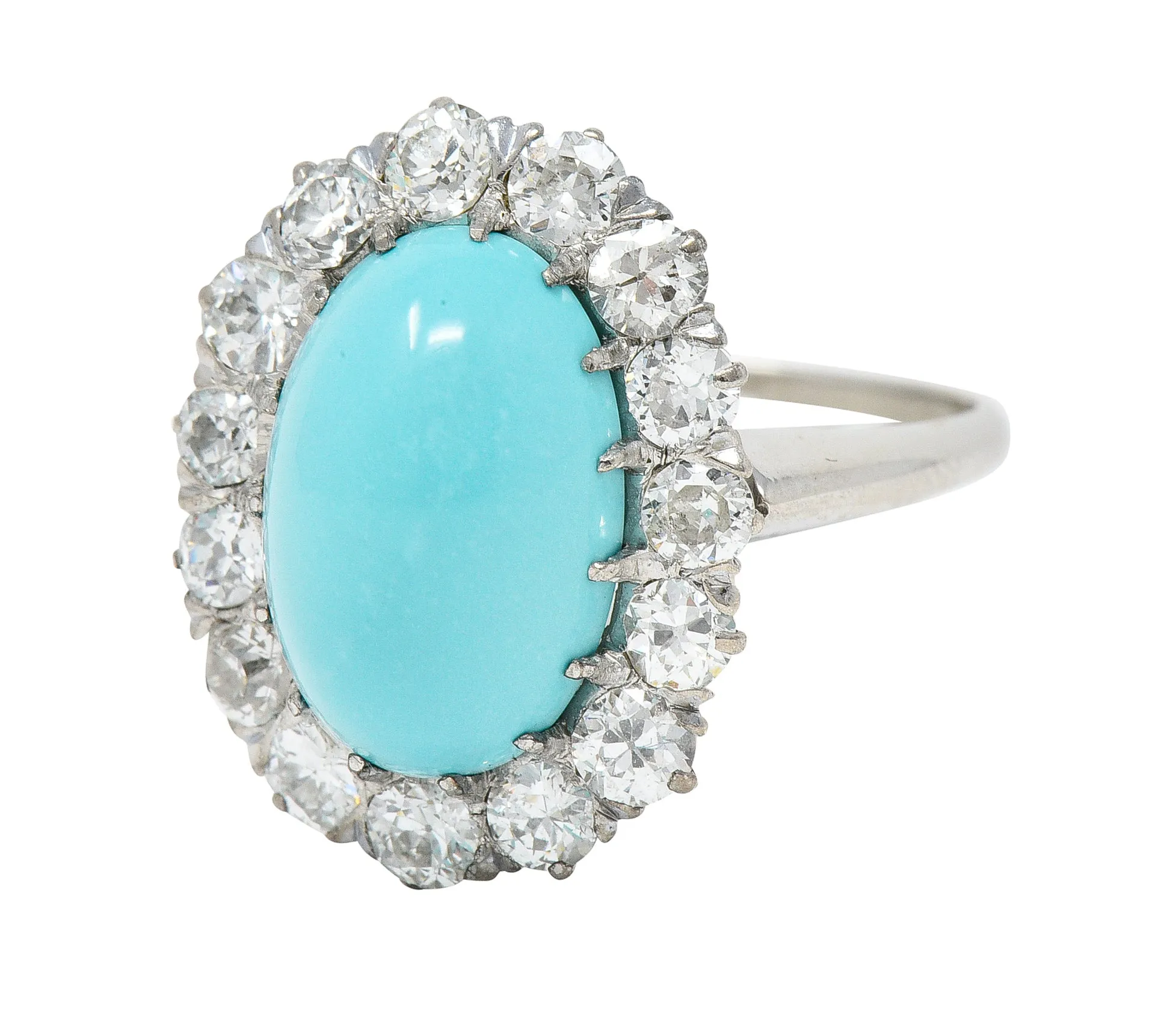 Art Deco 1.20 CTW Turquoise Cabochon Old European Cut Diamond 14 Karat White Gold Halo Ring