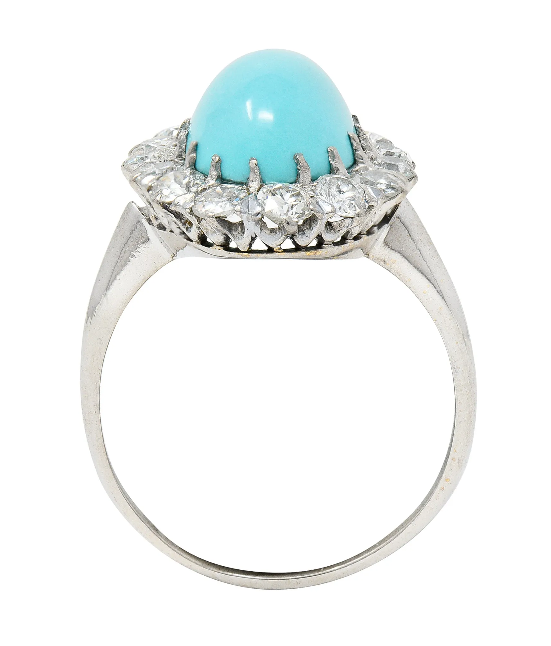 Art Deco 1.20 CTW Turquoise Cabochon Old European Cut Diamond 14 Karat White Gold Halo Ring