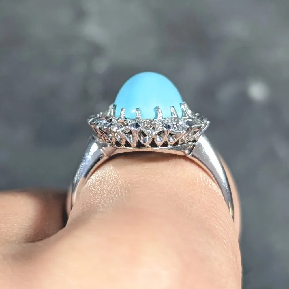 Art Deco 1.20 CTW Turquoise Cabochon Old European Cut Diamond 14 Karat White Gold Halo Ring