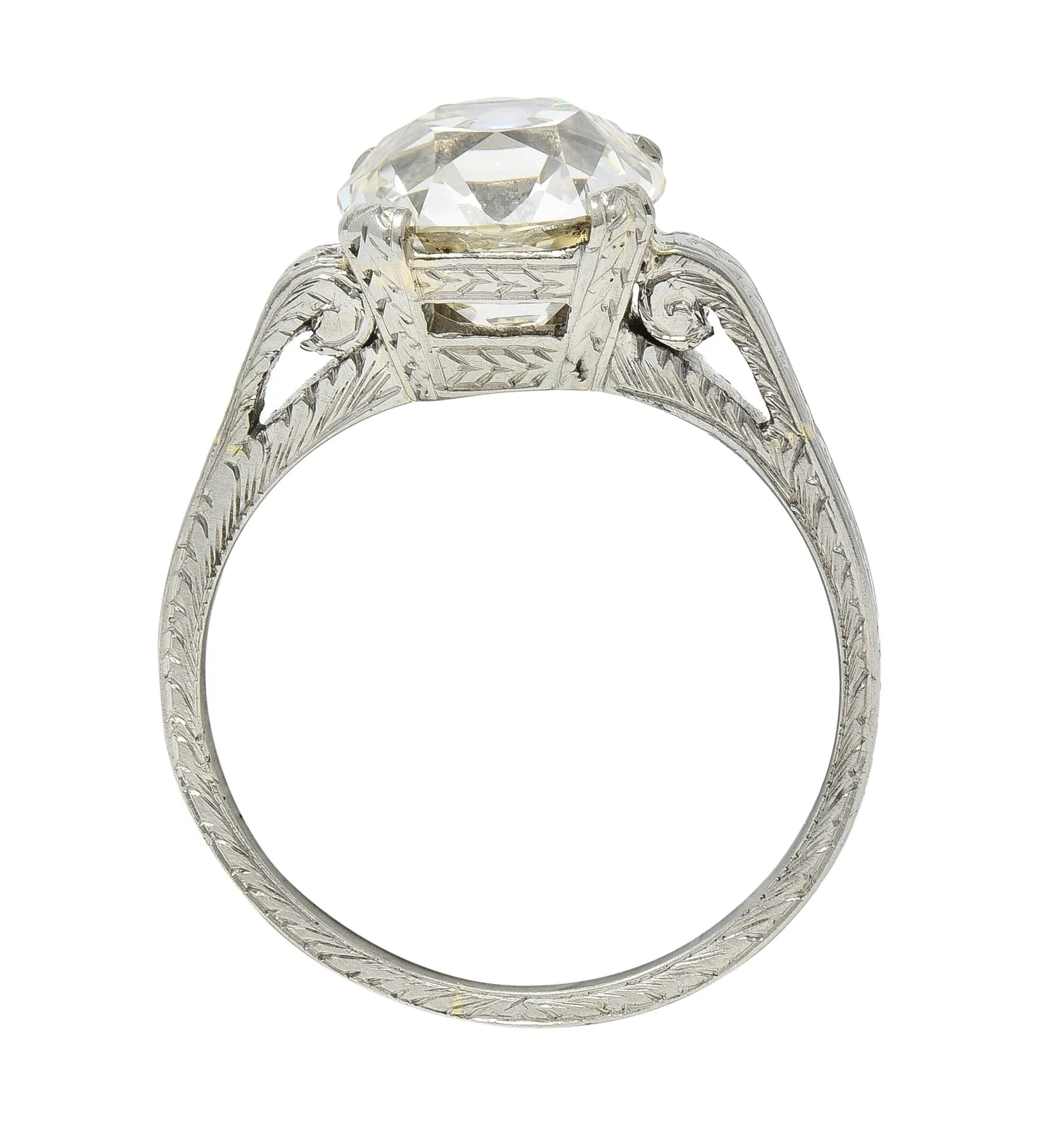 Art Deco 2.69 CTW Old Mine Cut 18 Karat White Gold Volute Antique Engagement Ring GIA