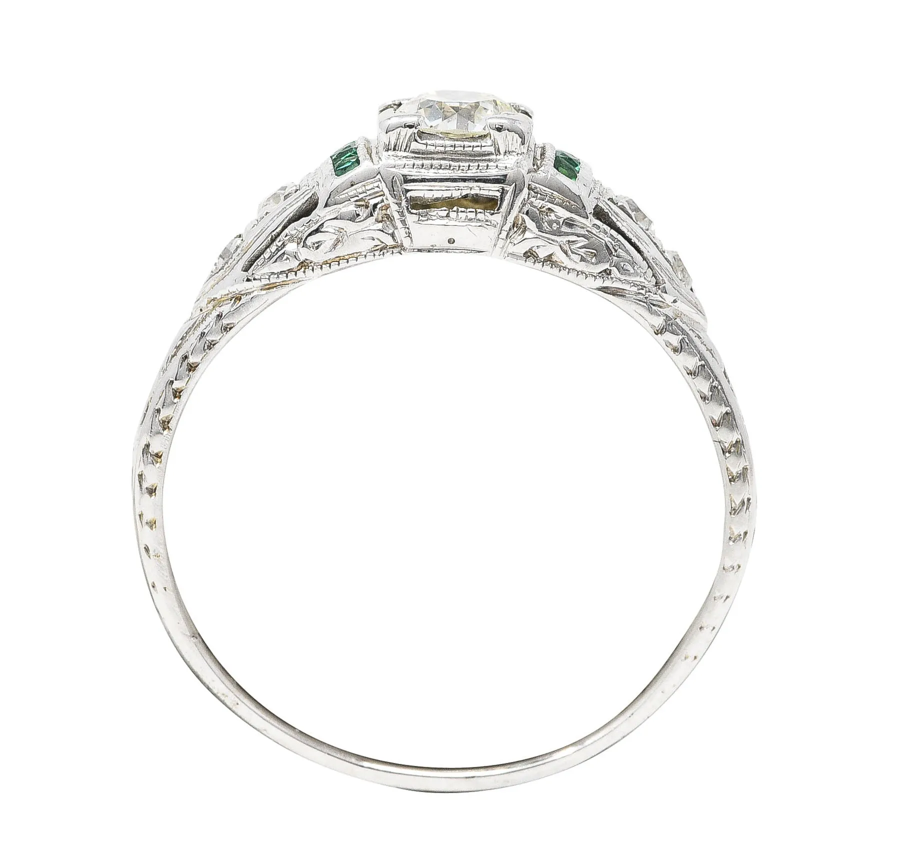 Art Deco Old European Cut Diamond Emerald 18 Karat White Gold Foliate Engagement Ring