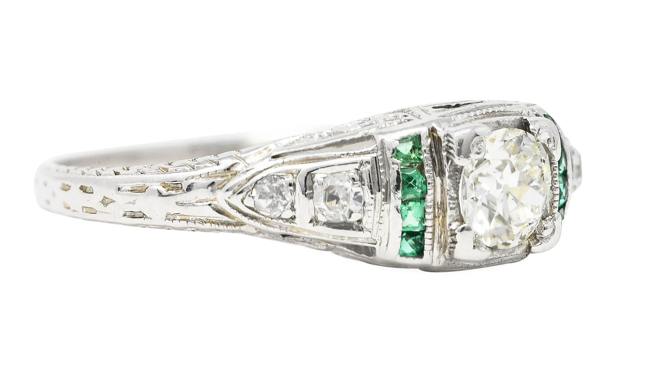 Art Deco Old European Cut Diamond Emerald 18 Karat White Gold Foliate Engagement Ring