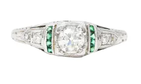 Art Deco Old European Cut Diamond Emerald 18 Karat White Gold Foliate Engagement Ring