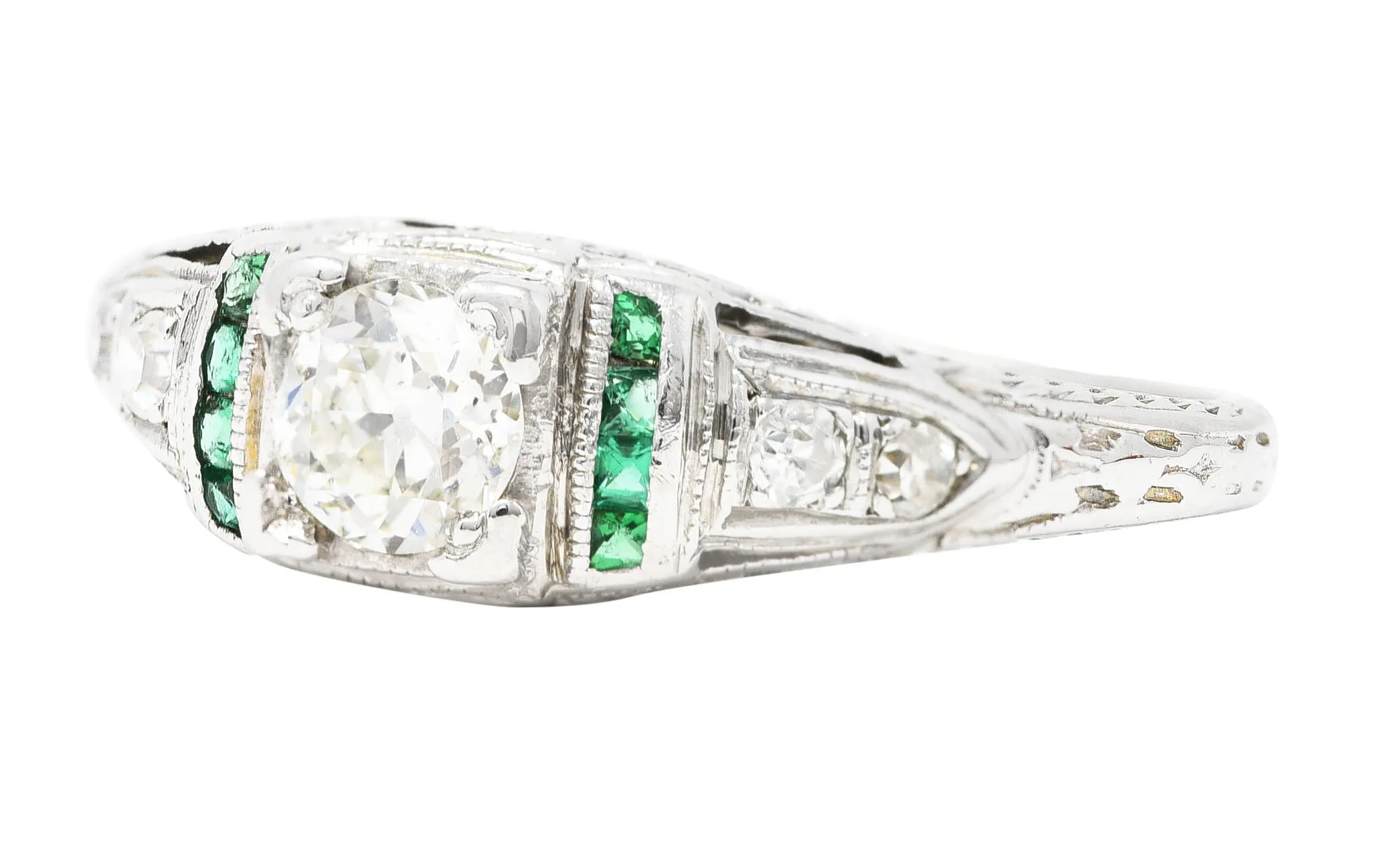 Art Deco Old European Cut Diamond Emerald 18 Karat White Gold Foliate Engagement Ring