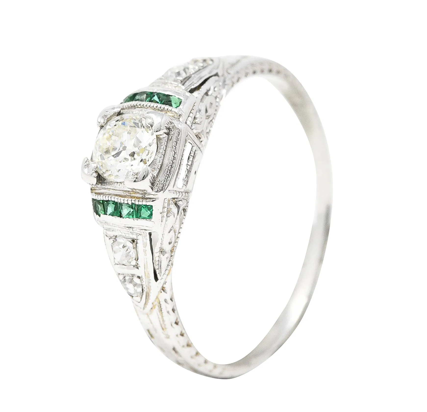 Art Deco Old European Cut Diamond Emerald 18 Karat White Gold Foliate Engagement Ring