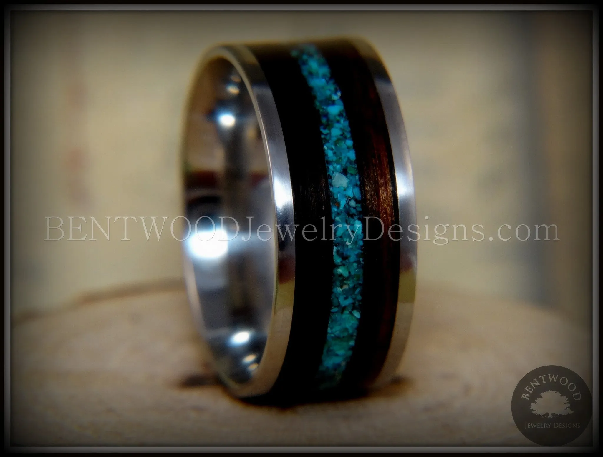 Bentwood Ring - Ebony with Chrysocolla Inlay on Surgical Grade Stainless Steel Comfort Fit Metal Core