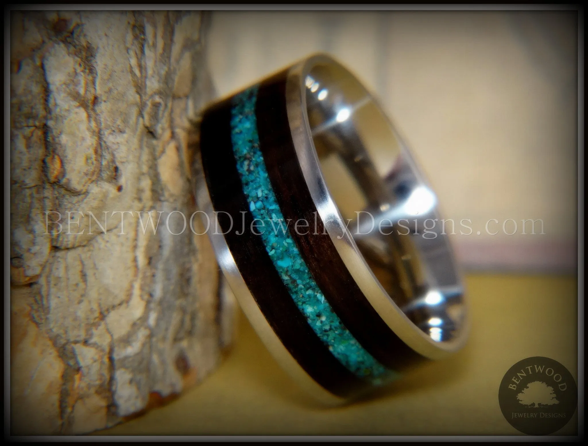 Bentwood Ring - Ebony with Chrysocolla Inlay on Surgical Grade Stainless Steel Comfort Fit Metal Core