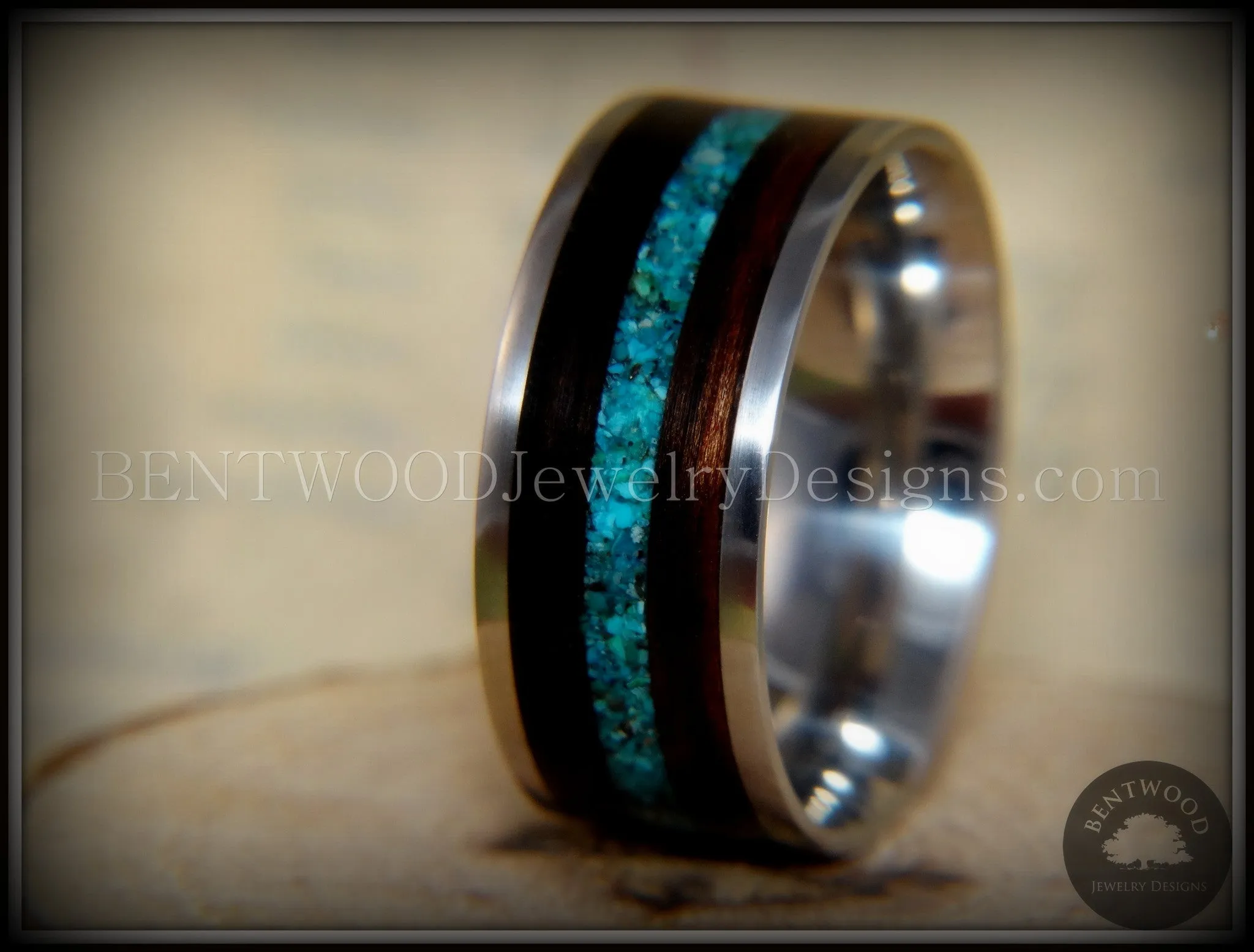 Bentwood Ring - Ebony with Chrysocolla Inlay on Surgical Grade Stainless Steel Comfort Fit Metal Core