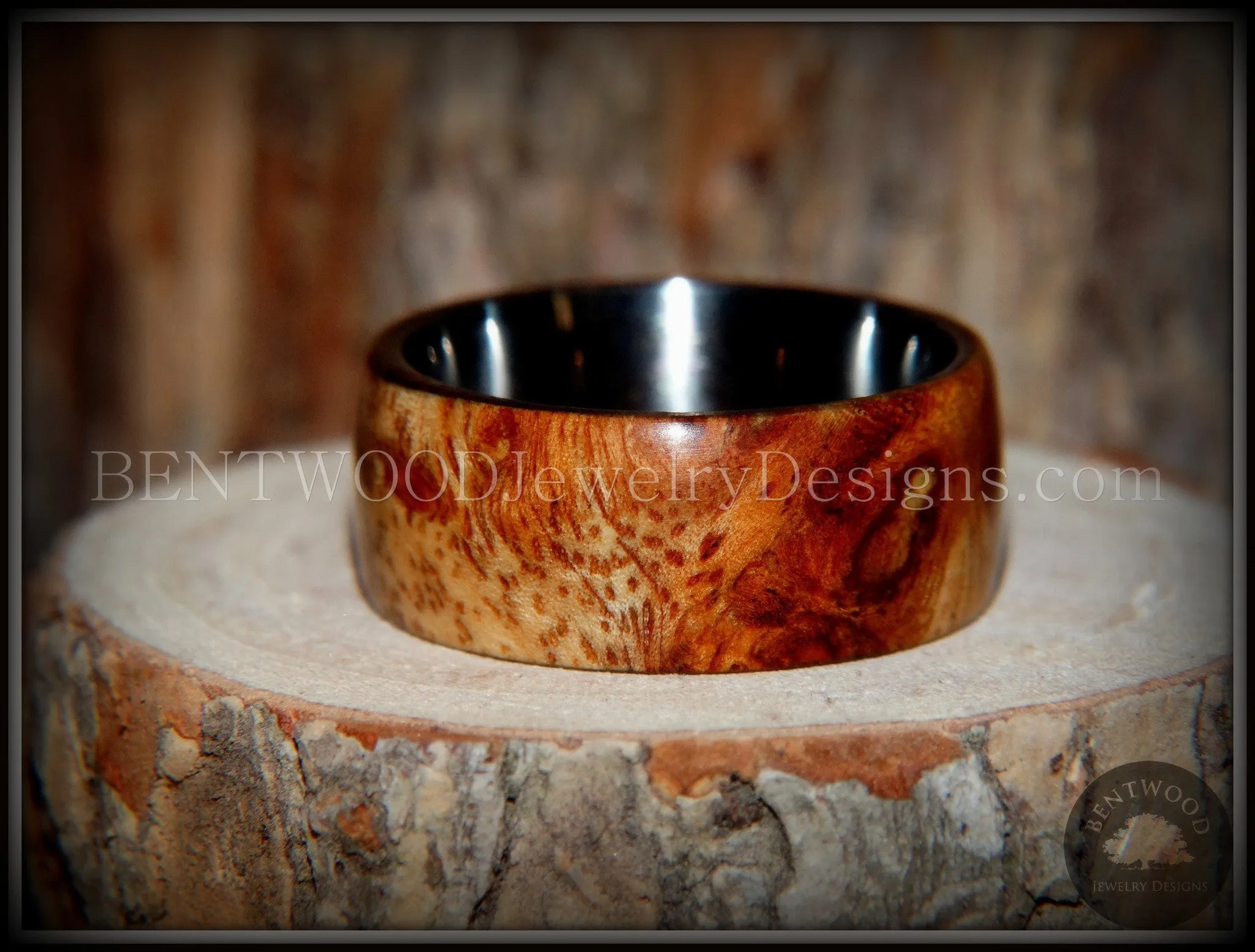 Bentwood Ring - Exotic Afzelia Burl (Rare) Wood Ring with Surgical Grade Stainless Steel Comfort Fit Metal Core