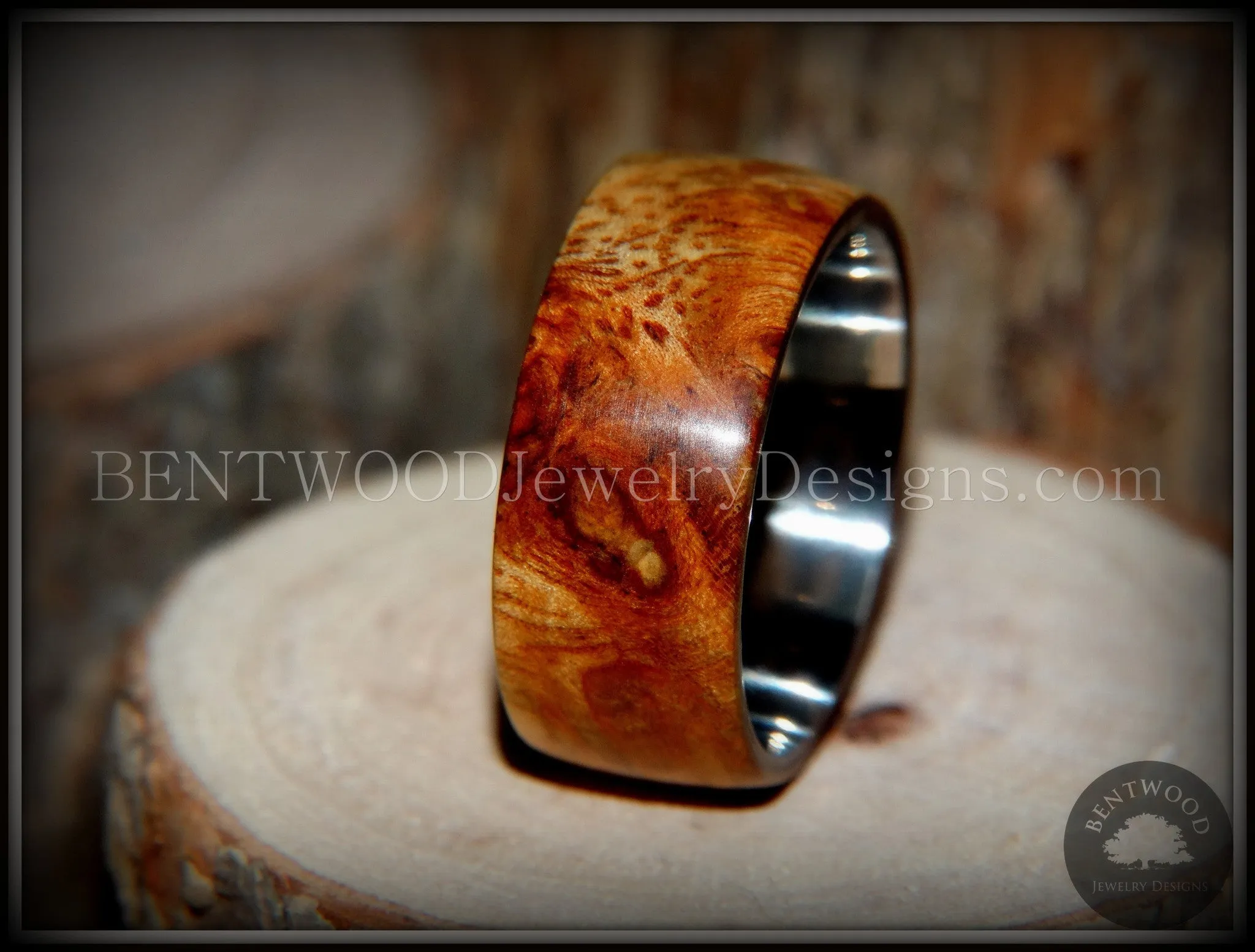 Bentwood Ring - Exotic Afzelia Burl (Rare) Wood Ring with Surgical Grade Stainless Steel Comfort Fit Metal Core