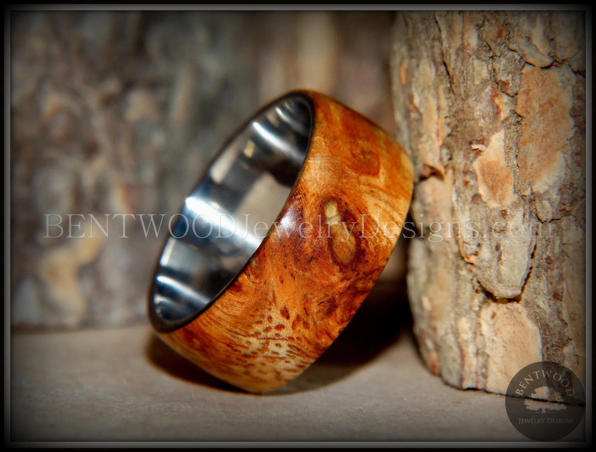 Bentwood Ring - Exotic Afzelia Burl (Rare) Wood Ring with Surgical Grade Stainless Steel Comfort Fit Metal Core