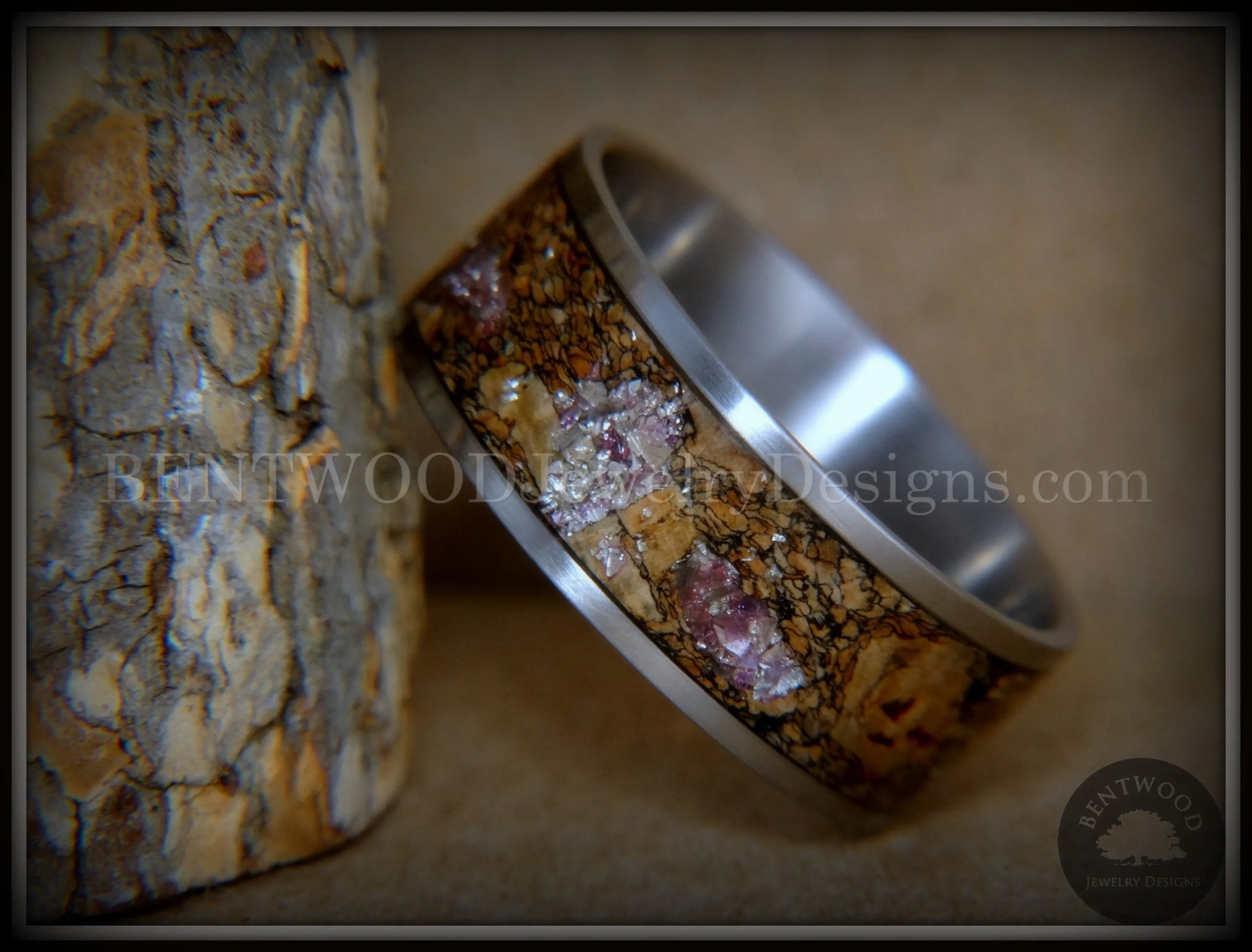 Bentwood Ring - Figured Brown Amethyst Glass Rare Mediterranean Oak Burl Wood Ring on Stainless Steel Comfort Fit Core