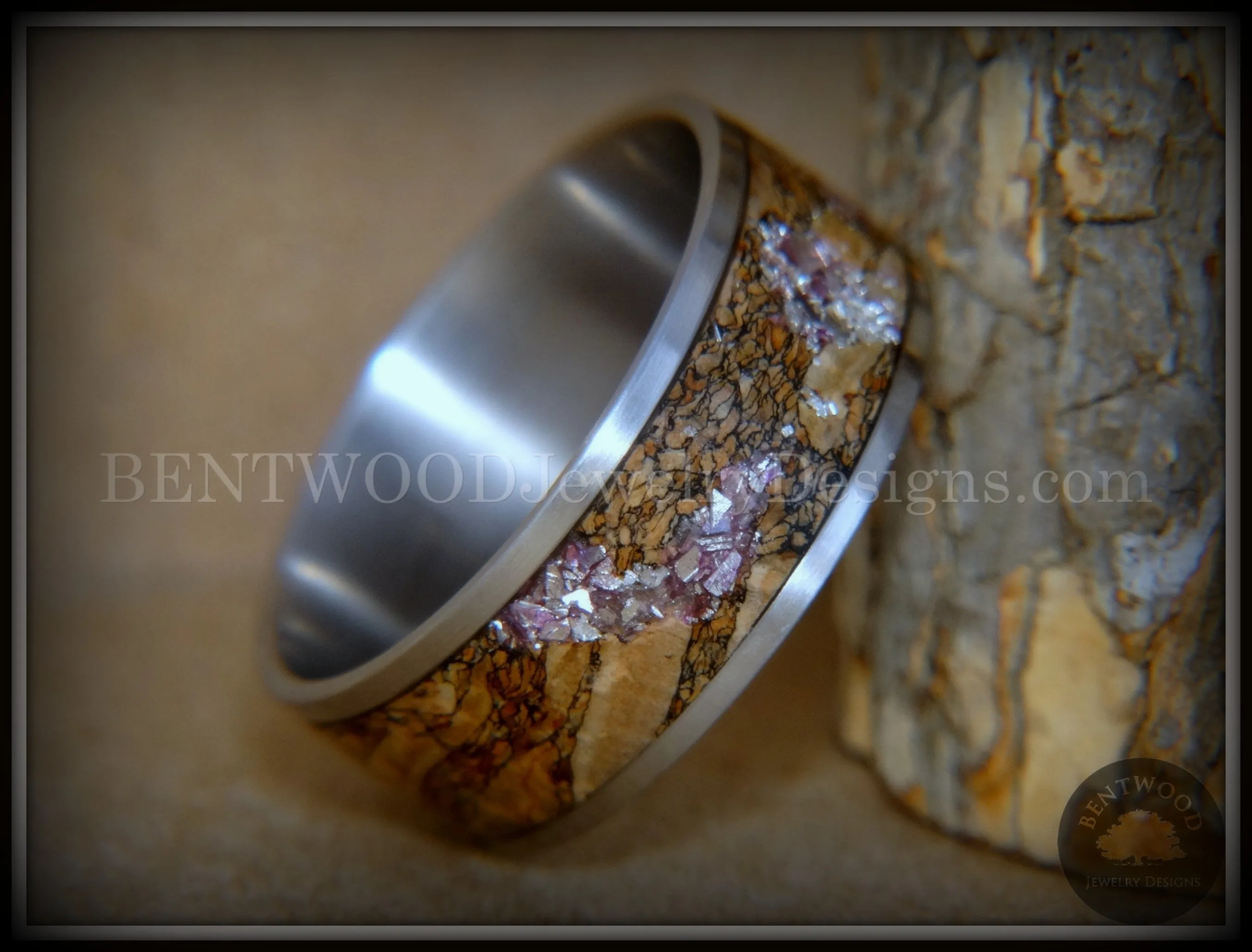 Bentwood Ring - Figured Brown Amethyst Glass Rare Mediterranean Oak Burl Wood Ring on Stainless Steel Comfort Fit Core