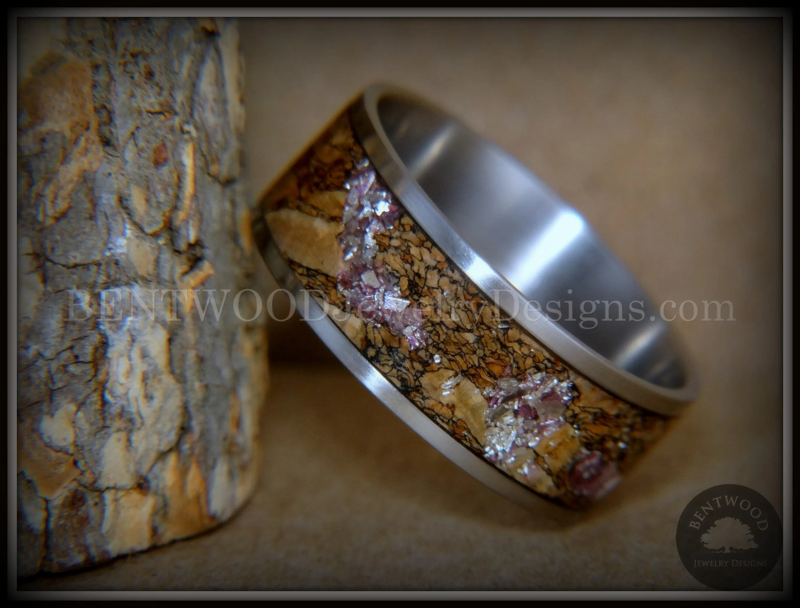 Bentwood Ring - Figured Brown Amethyst Glass Rare Mediterranean Oak Burl Wood Ring on Stainless Steel Comfort Fit Core