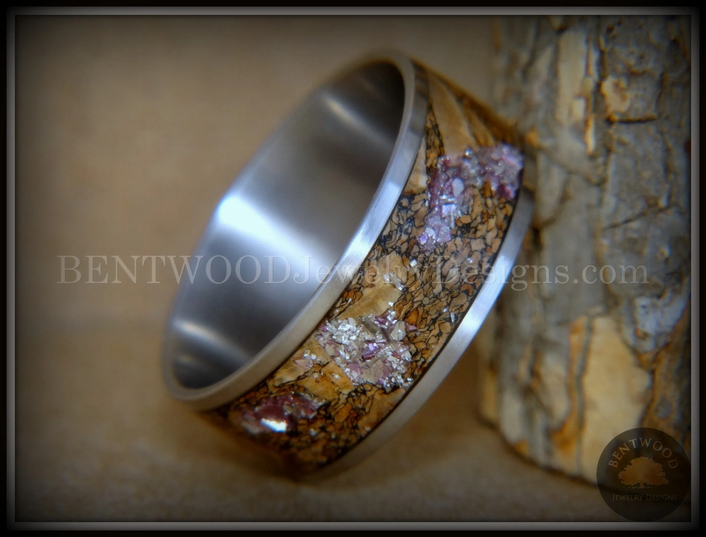 Bentwood Ring - Figured Brown Amethyst Glass Rare Mediterranean Oak Burl Wood Ring on Stainless Steel Comfort Fit Core