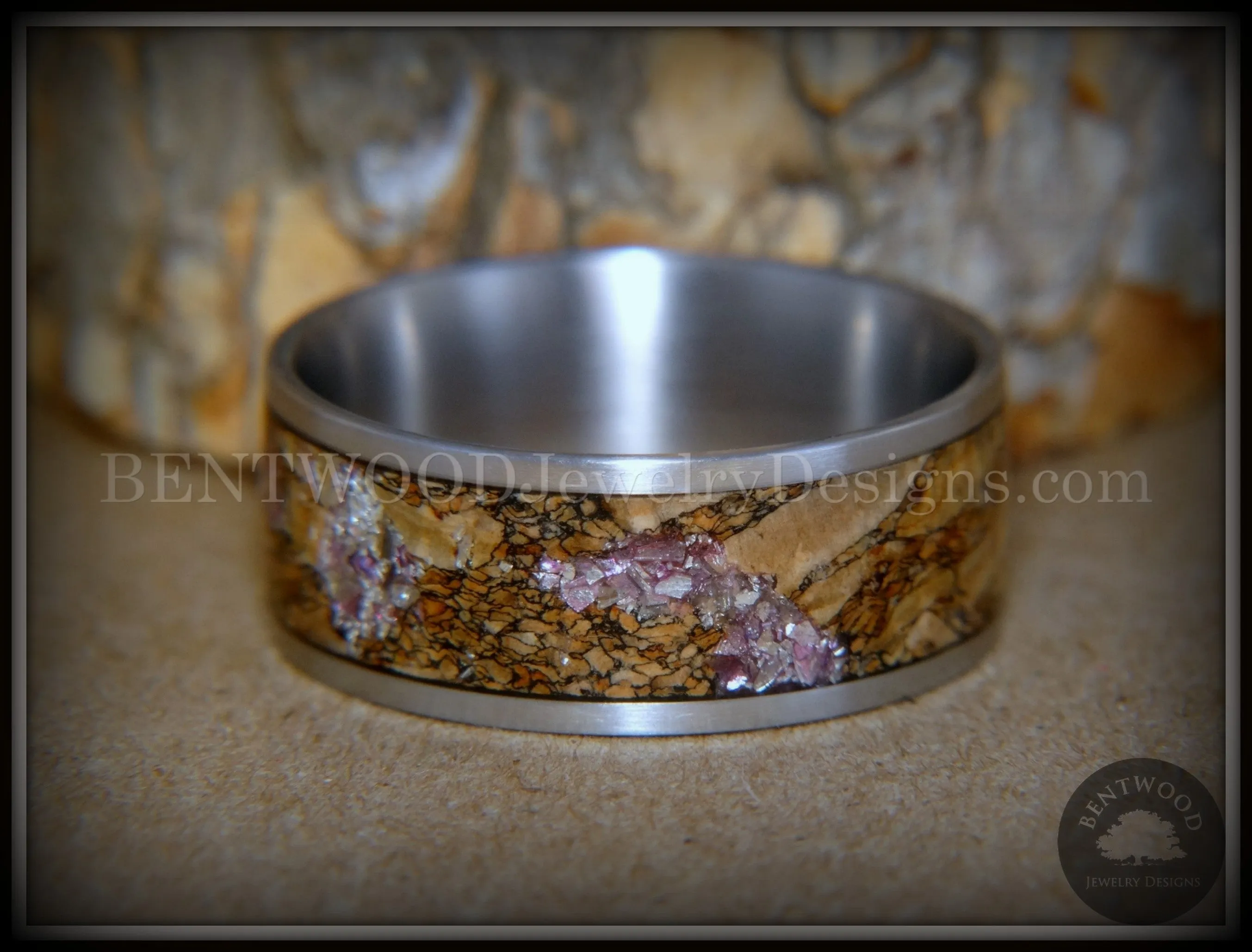 Bentwood Ring - Figured Brown Amethyst Glass Rare Mediterranean Oak Burl Wood Ring on Stainless Steel Comfort Fit Core