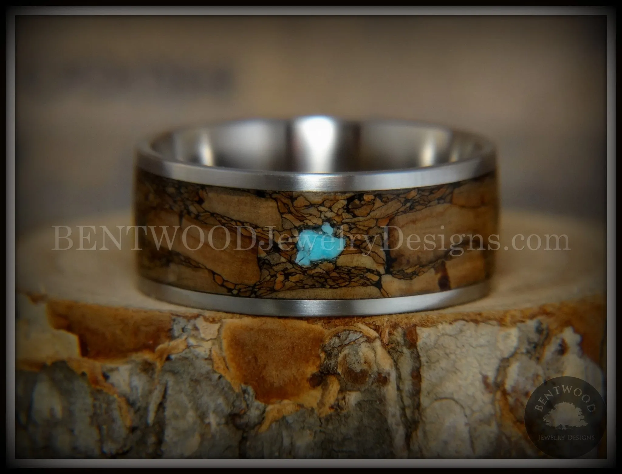 Bentwood Ring - Figured Brown Turquoise Rare Mediterranean Oak Burl Wood Ring on Surgical Grade Stainless Steel Comfort Fit Core