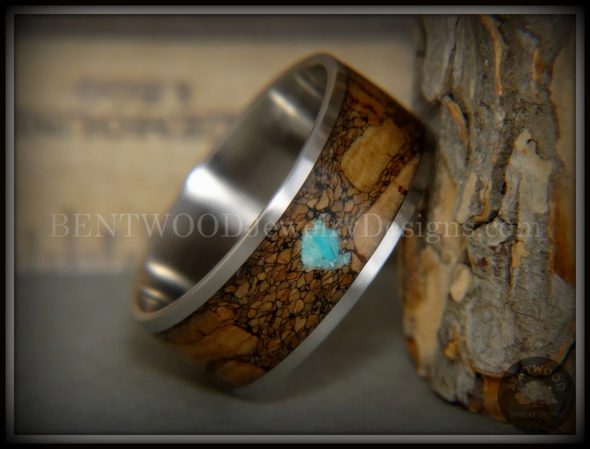 Bentwood Ring - Figured Brown Turquoise Rare Mediterranean Oak Burl Wood Ring on Surgical Grade Stainless Steel Comfort Fit Core