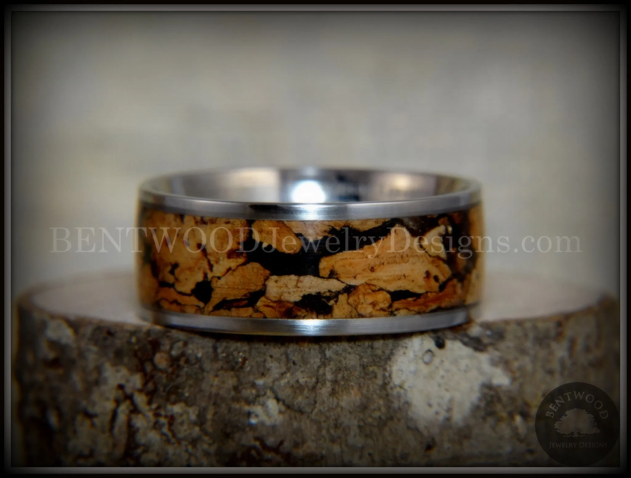 Bentwood Ring - Figured Spalting Rare Mediterranean Oak Wood Ring with Surgical Grade Stainless Steel Comfort Fit Metal Core