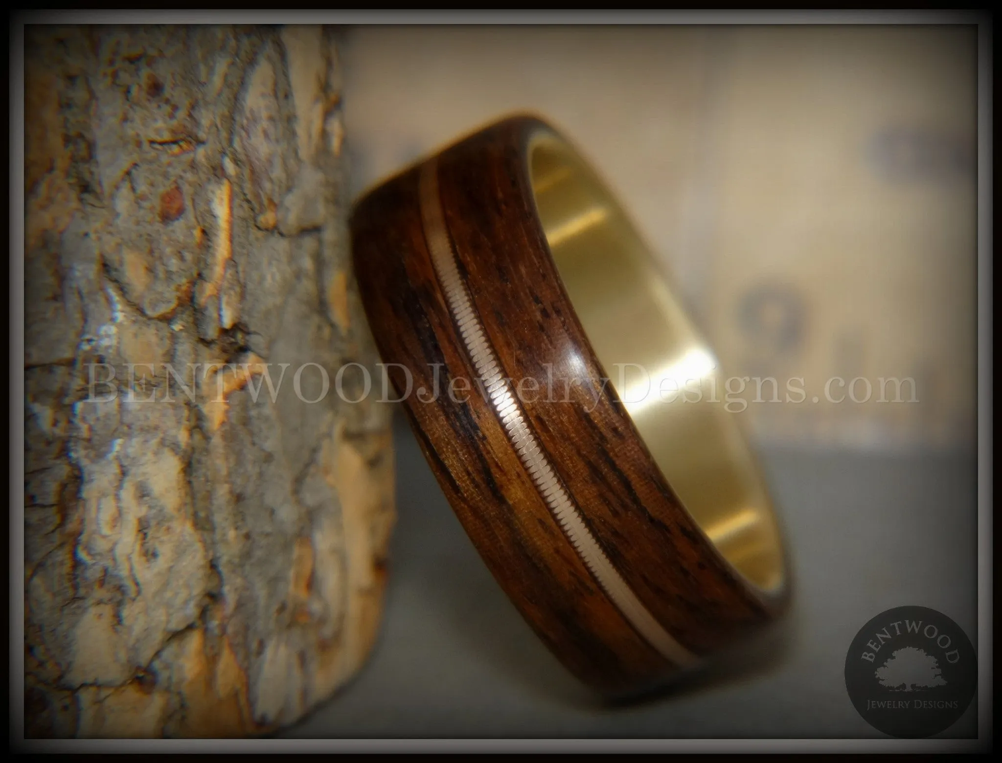 Bentwood Ring - Golden Gate Acoustic Rosewood Wood Ring Bronze Acoustic Guitar String Inlay on 14k Solid Yellow Gold Core