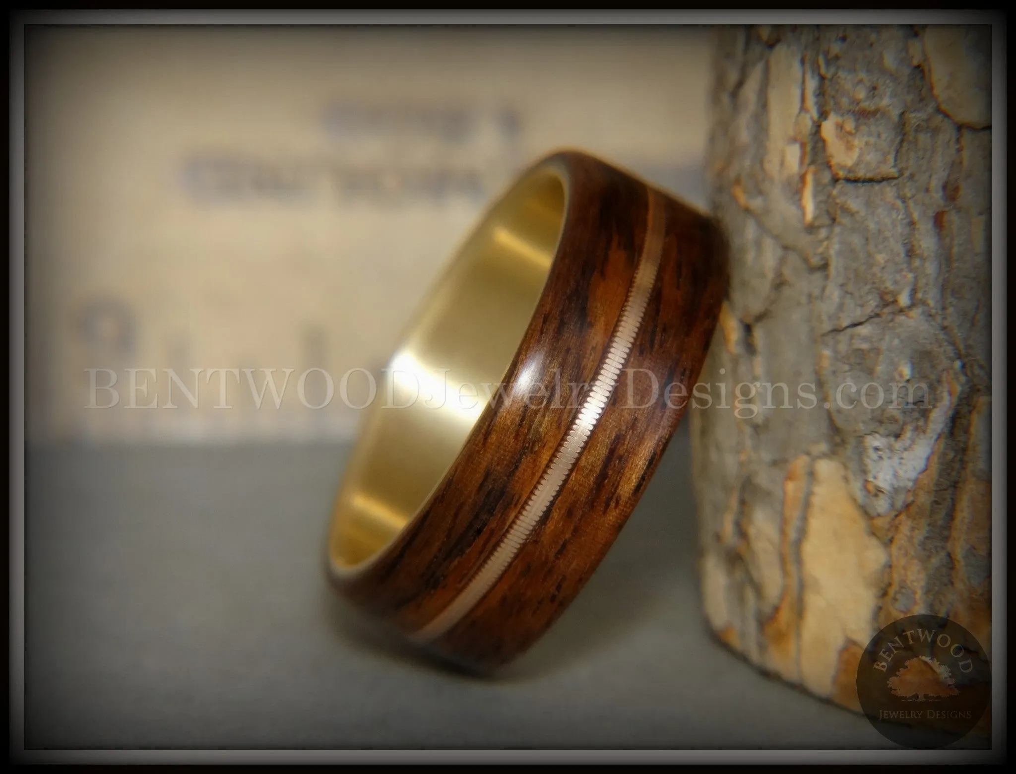 Bentwood Ring - Golden Gate Acoustic Rosewood Wood Ring Bronze Acoustic Guitar String Inlay on 14k Solid Yellow Gold Core