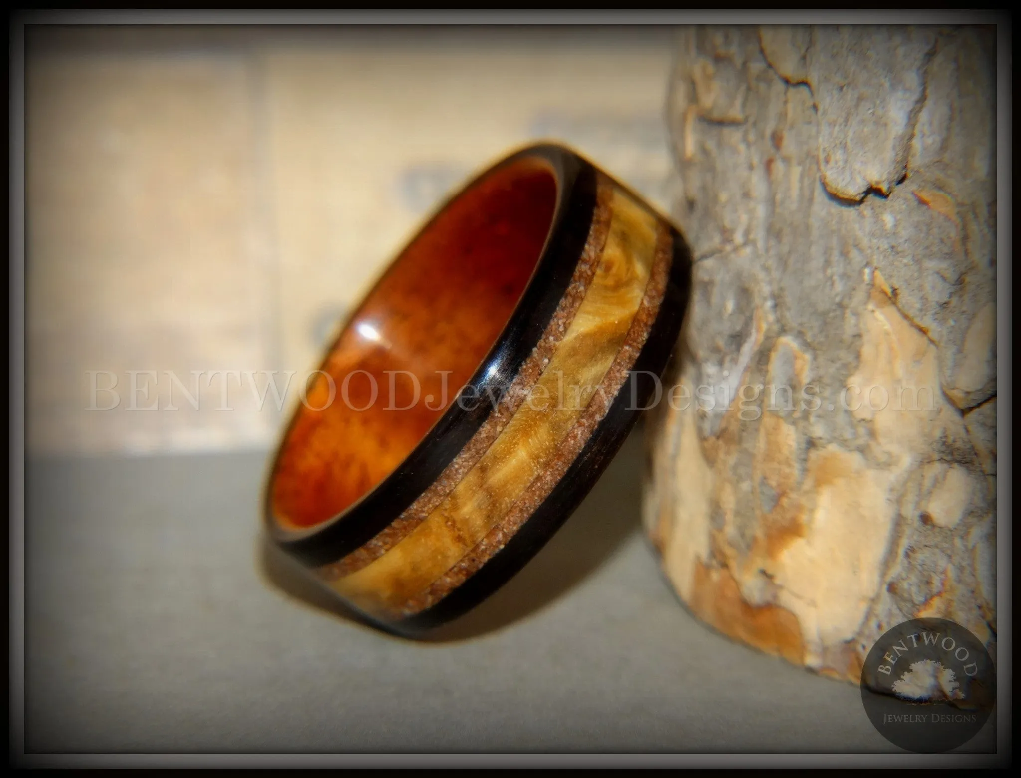 Bentwood Ring - Great Lakes Amboyna Burl and Ebony on Mahogany Liner with Beach Sand Inlays