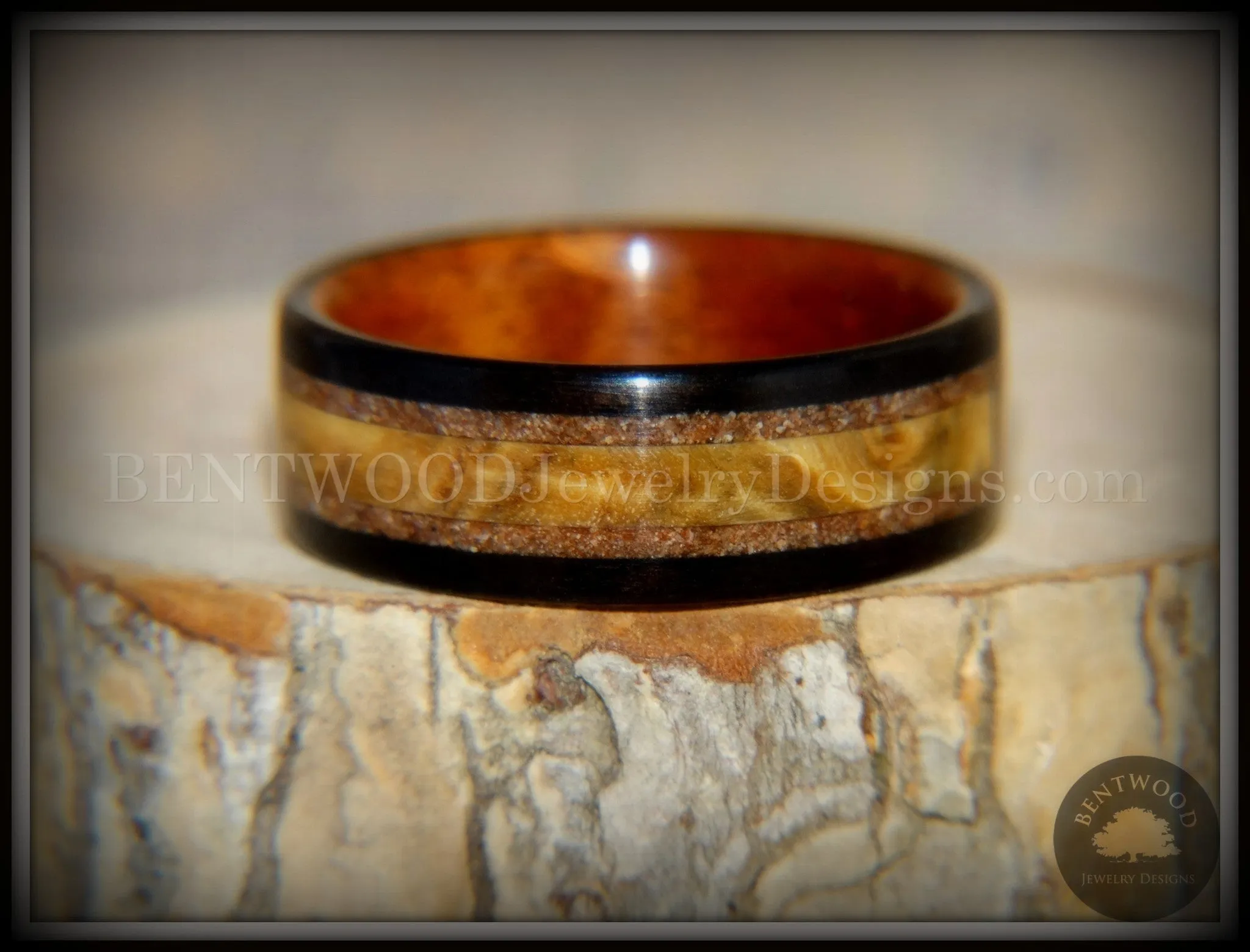 Bentwood Ring - Great Lakes Amboyna Burl and Ebony on Mahogany Liner with Beach Sand Inlays