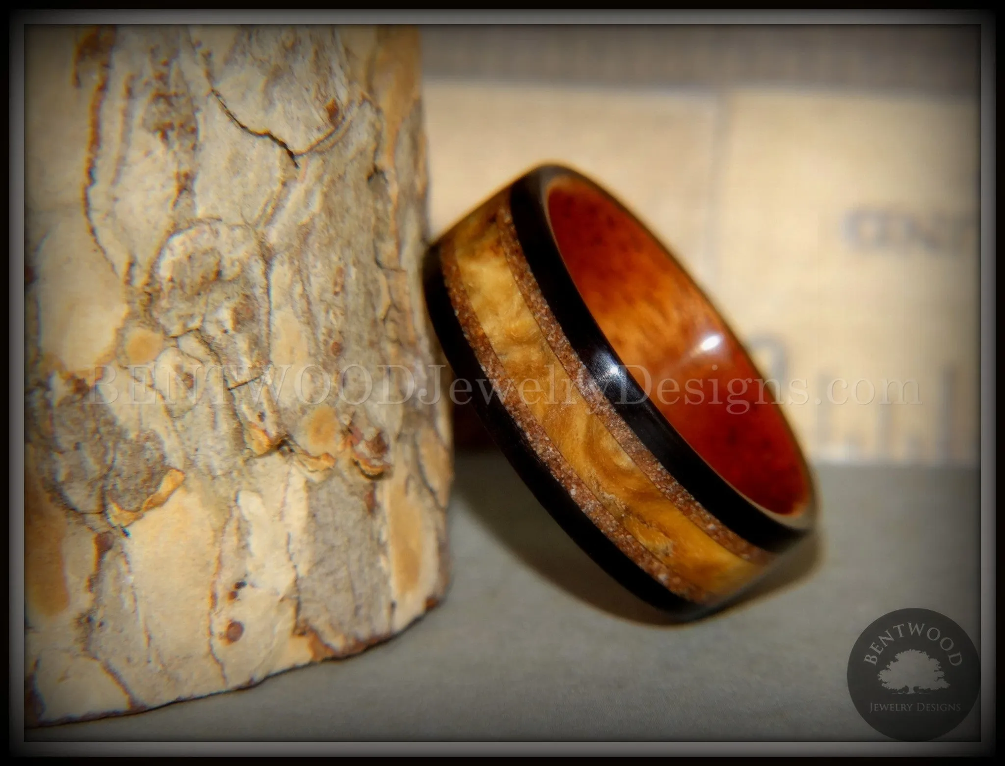 Bentwood Ring - Great Lakes Amboyna Burl and Ebony on Mahogany Liner with Beach Sand Inlays