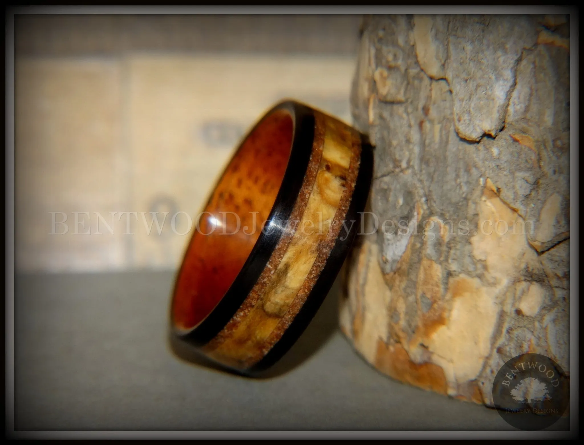 Bentwood Ring - Great Lakes Amboyna Burl and Ebony on Mahogany Liner with Beach Sand Inlays