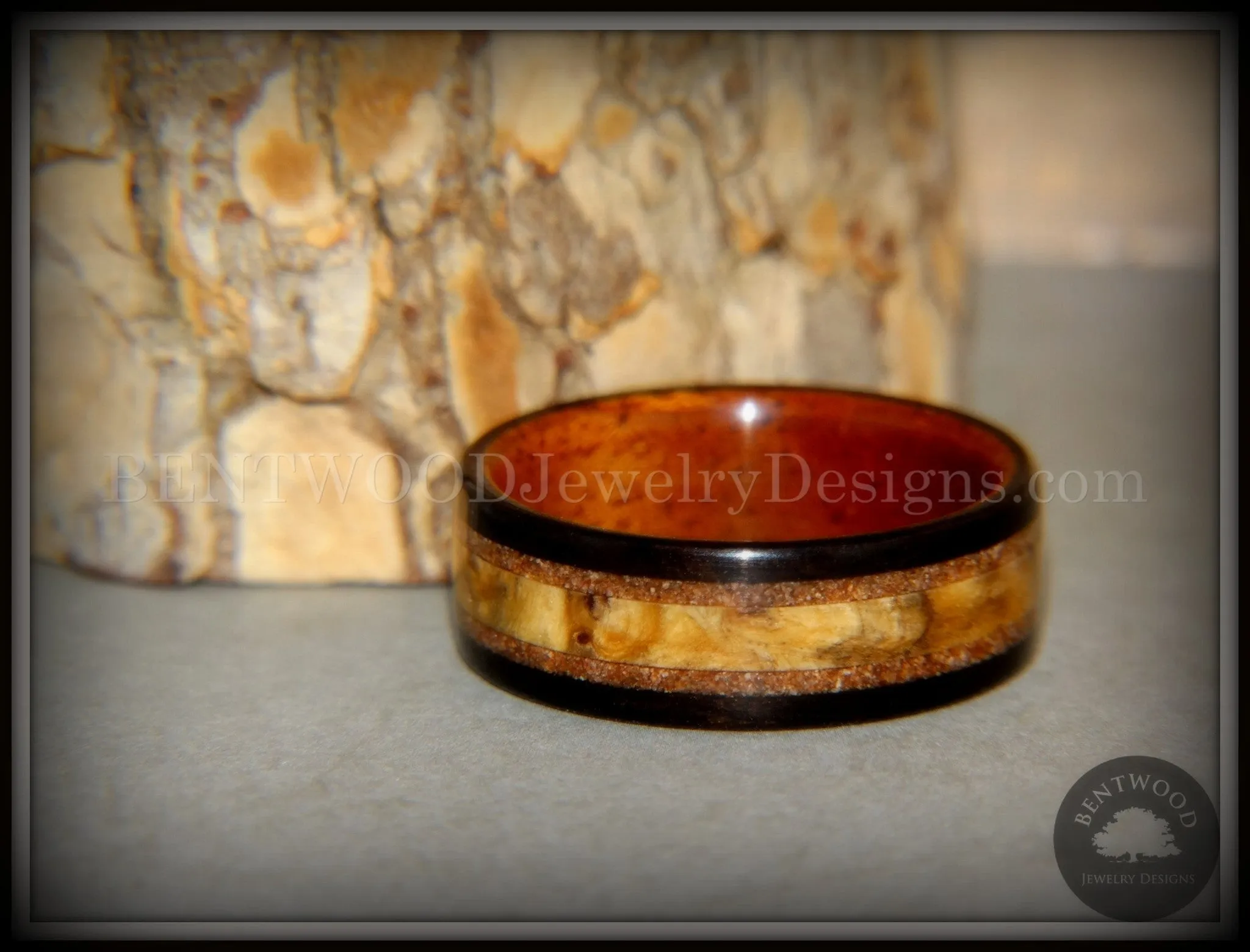 Bentwood Ring - Great Lakes Amboyna Burl and Ebony on Mahogany Liner with Beach Sand Inlays