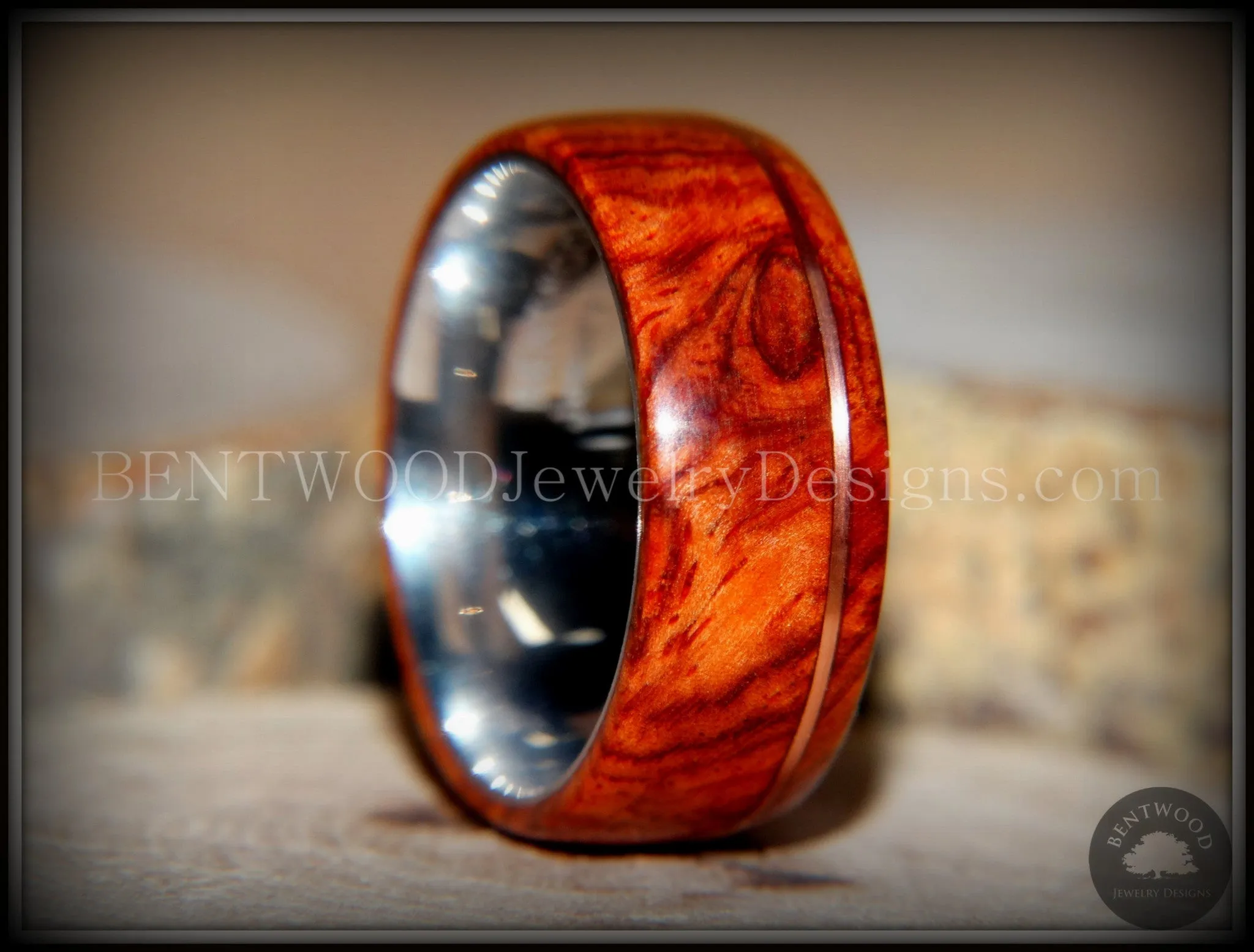 Bentwood Ring - Rarity Amboyna Burl Wood Ring on 316L Stainless Steel Comfort Fit Core Copper Inlay