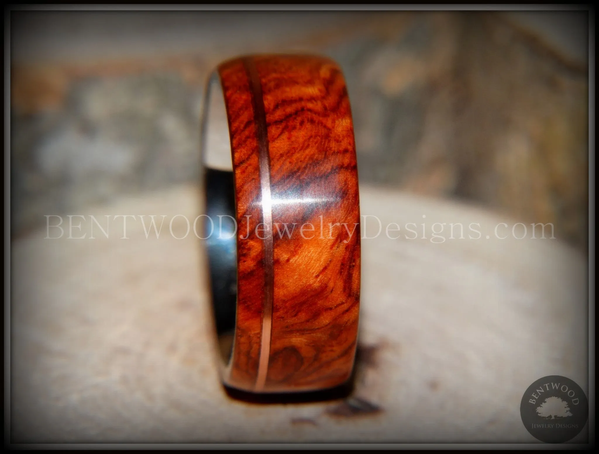 Bentwood Ring - Rarity Amboyna Burl Wood Ring on 316L Stainless Steel Comfort Fit Core Copper Inlay