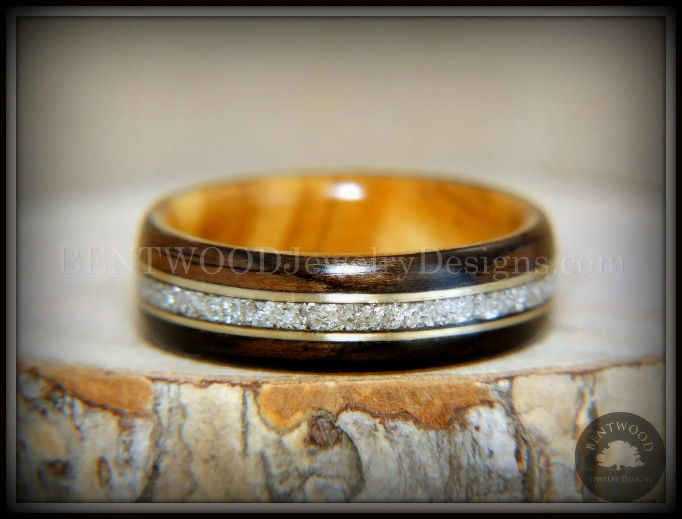 Bentwood Ring - Tracks Ebony Wood Ring Gold Wire and Glass Inlay