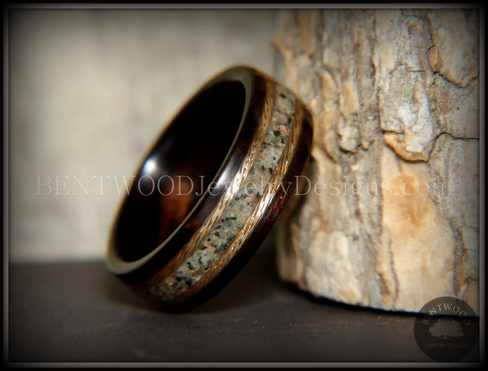 Bentwood Ring - Tracks Macassar Ebony Wood Ring Braided Gold and Canadian Beach Sand Inlay