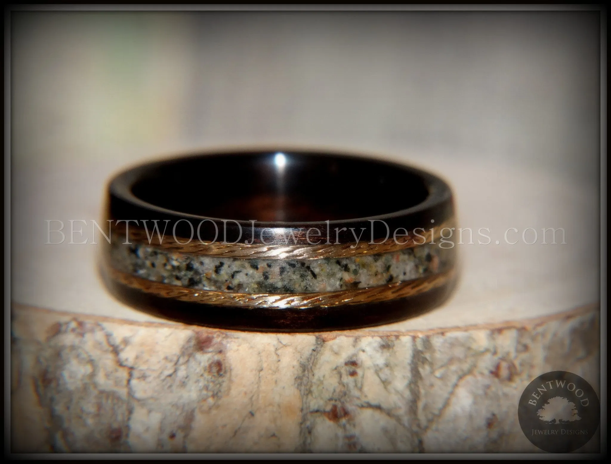 Bentwood Ring - Tracks Macassar Ebony Wood Ring Braided Gold and Canadian Beach Sand Inlay