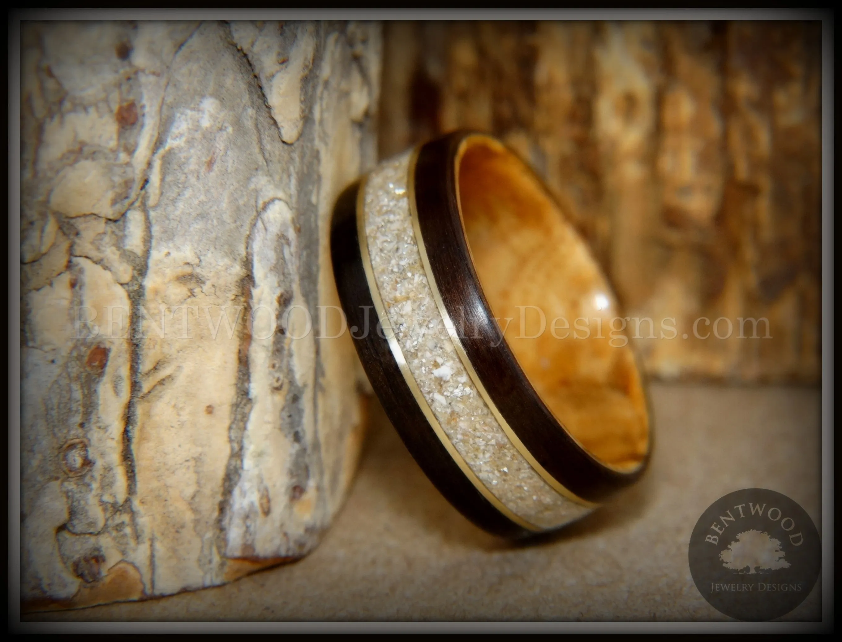 Bentwood Ring - Tracks Memorial Dark Ebony/Olivewood Ring with Gold Wires and Cremation Ashes with Glass Inlay