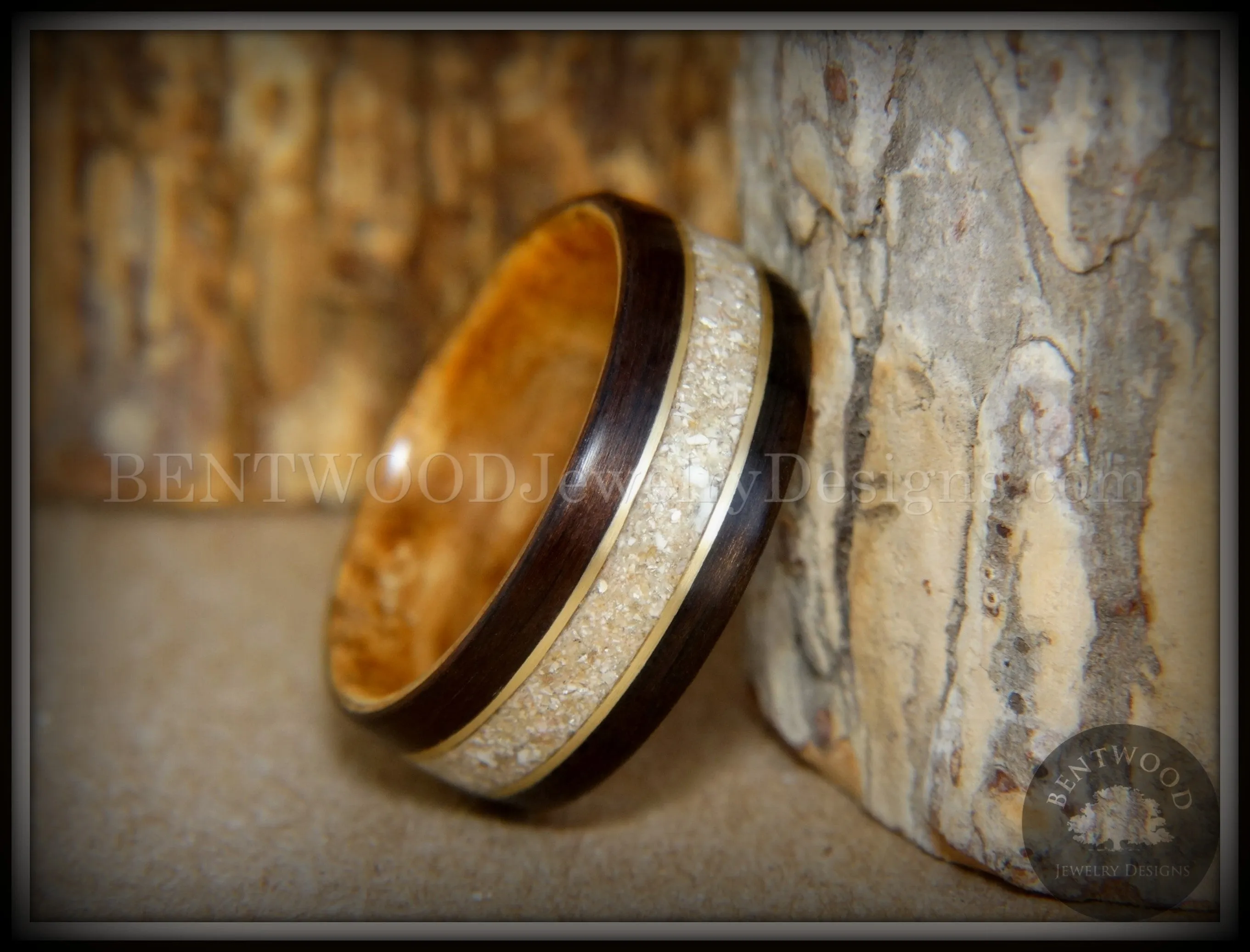 Bentwood Ring - Tracks Memorial Dark Ebony/Olivewood Ring with Gold Wires and Cremation Ashes with Glass Inlay