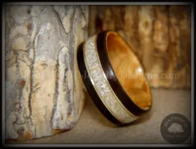 Bentwood Ring - Tracks Memorial Dark Ebony/Olivewood Ring with Gold Wires and Cremation Ashes with Glass Inlay