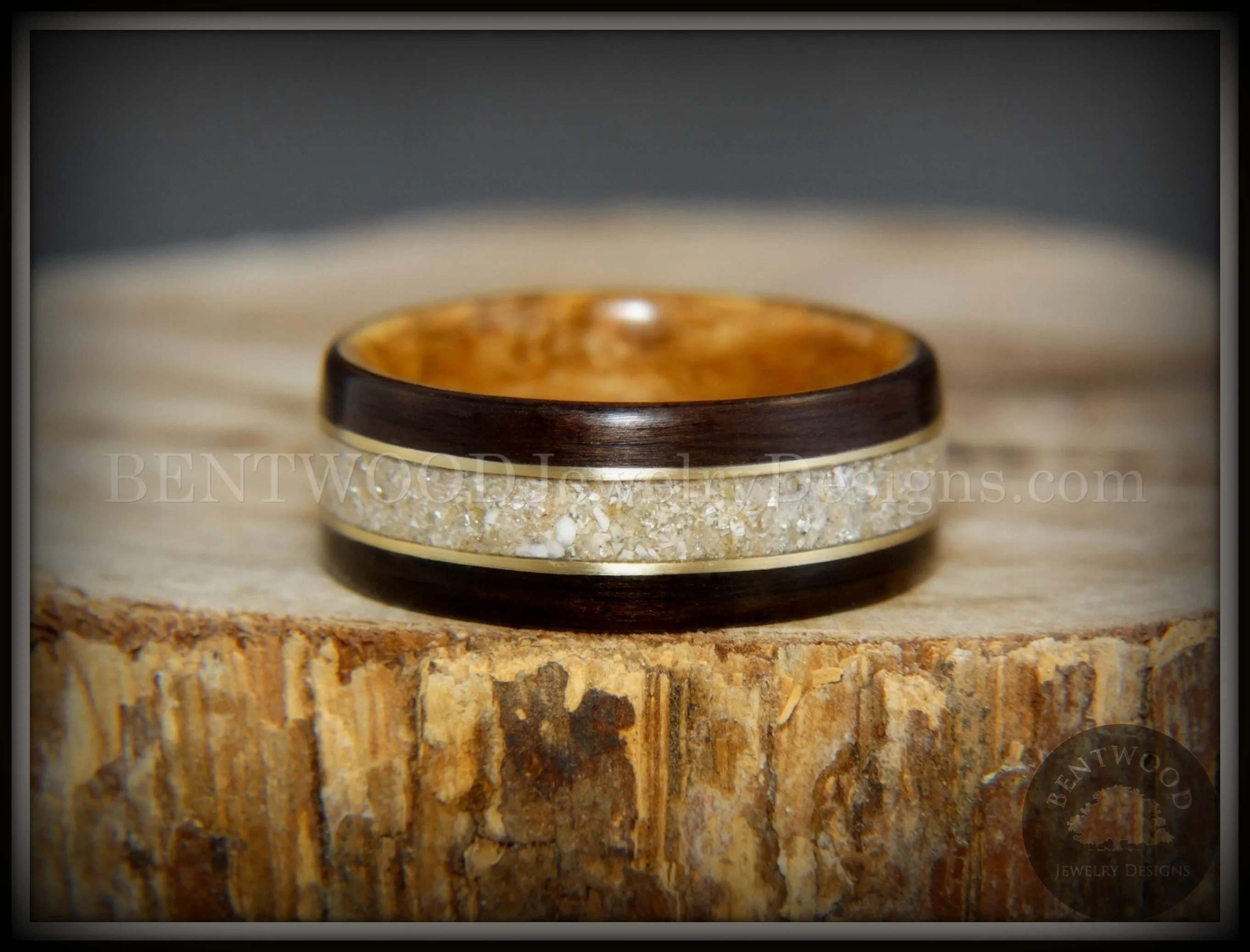 Bentwood Ring - Tracks Memorial Dark Ebony/Olivewood Ring with Gold Wires and Cremation Ashes with Glass Inlay